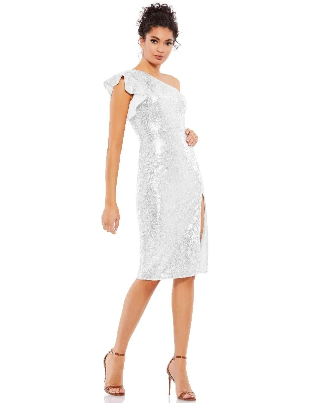 Mini cocktail dresses with a pleated bodice and a spaghetti - strap backMac Duggal 70162 Short One Shoulder Ruffled Dress Mini cocktail dresses with a pleated bodice and a spaghetti - strap backMac Duggal 70162 Short One Shoulder Ruffled Dress