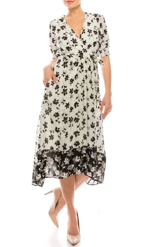 Mini cocktail dresses with a denim fabric for a casual - chic lookMaison Tara - 95014M Floral Print V Neck Faux Wrap Dress Mini cocktail dresses with a denim fabric for a casual - chic lookMaison Tara - 95014M Floral Print V Neck Faux Wrap Dress