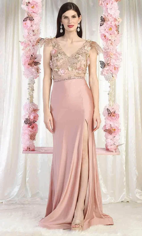 A - line cocktail wedding guest dresses in pastel colorsMay Queen MQ1981 - 3D Floral V Neck Slit Gown A - line cocktail wedding guest dresses in pastel colorsMay Queen MQ1981 - 3D Floral V Neck Slit Gown