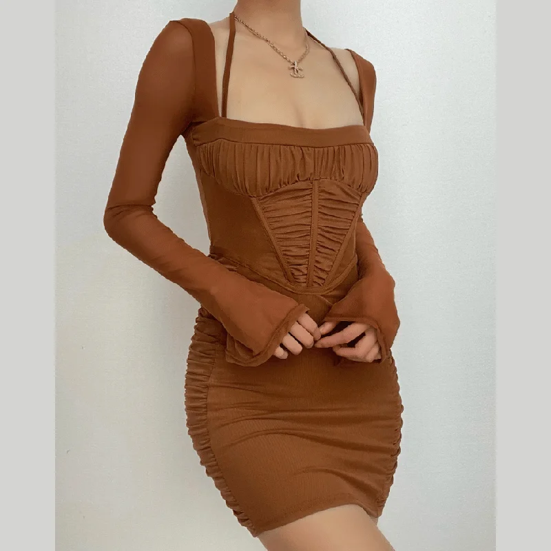 Cocktail dresses with cold - shoulder designs in a lightweight fabricBerryBetty - Mesh long sleeve solid ruched halter zip-up mini dress Cocktail dresses with cold - shoulder designs in a lightweight fabricBerryBetty - Mesh long sleeve solid ruched halter zip-up mini dress