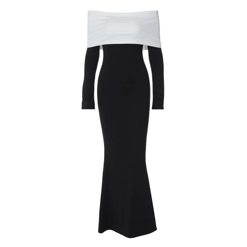 Ruffled cocktail dresses with a knee - length hem for a feminine appealBerryBetty - Off shoulder long sleeve contrast patchwork backless maxi dress Ruffled cocktail dresses with a knee - length hem for a feminine appealBerryBetty - Off shoulder long sleeve contrast patchwork backless maxi dress