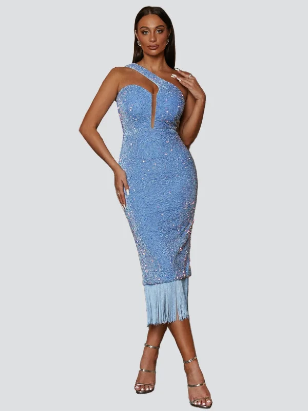 Mini cocktail dresses with a glittery finish for a party - ready styleOne Shoulder Fringed Midi Dress M02182 Mini cocktail dresses with a glittery finish for a party - ready styleOne Shoulder Fringed Midi Dress M02182