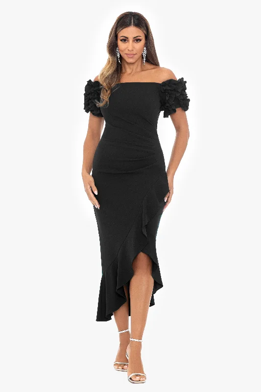 Petite "Loretta" Scuba Crepe Off the Shoulder Ruffle Sleeve Midi Dress