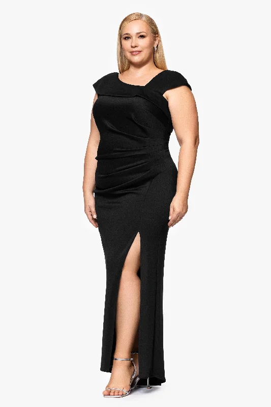 Cocktail dresses with a metallic - embroidered pattern and a midi - hemPlus "Lenore " Long Asymmetrical Neckline Scuba Dress Cocktail dresses with a metallic - embroidered pattern and a midi - hemPlus "Lenore " Long Asymmetrical Neckline Scuba Dress