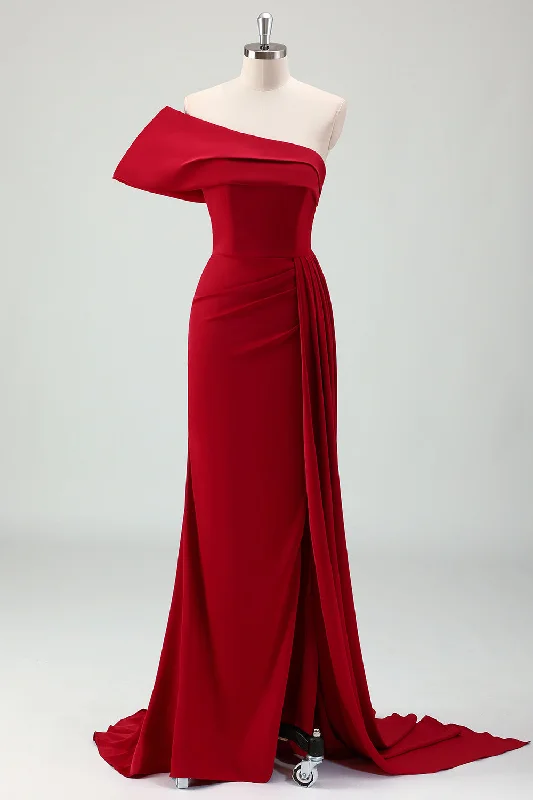 Cocktail dresses with a keyhole back and a midi - lengthRed Mermaid One Shoulder Pleats Satin Long Prom Dress with Slit Cocktail dresses with a keyhole back and a midi - lengthRed Mermaid One Shoulder Pleats Satin Long Prom Dress with Slit