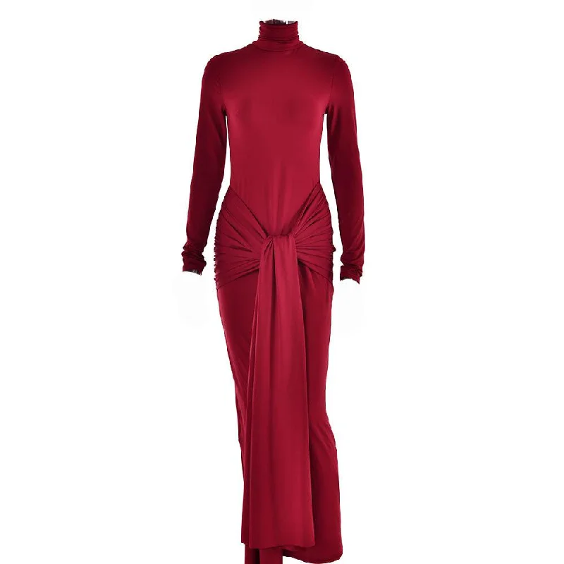 Bow - backed cocktail dresses with a fit - and - flare silhouetteBerryBetty - Ruched solid long sleeve turtle neck self tie maxi dress Bow - backed cocktail dresses with a fit - and - flare silhouetteBerryBetty - Ruched solid long sleeve turtle neck self tie maxi dress