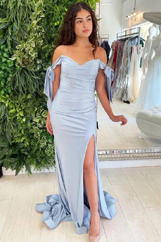 Satin Off-the shoulder Sheath Prom Dresses Long Evening Gowns PSK272