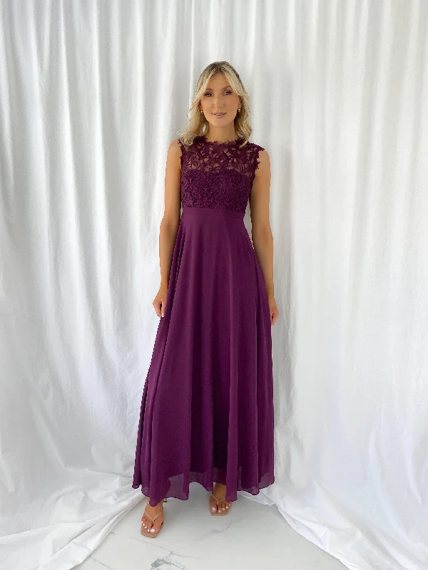 Savina Maxi Dress with Embroidered Top - Aubergine