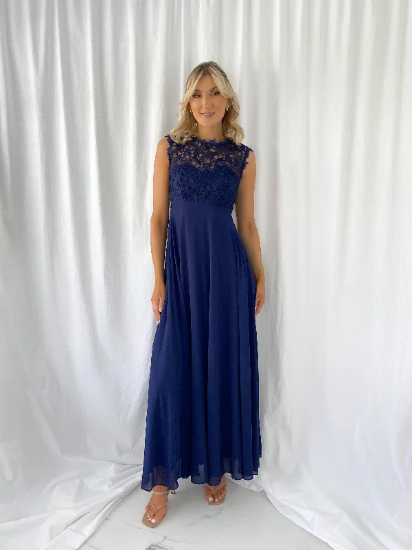 Savina Maxi Dress with Embroidered Top - Marine