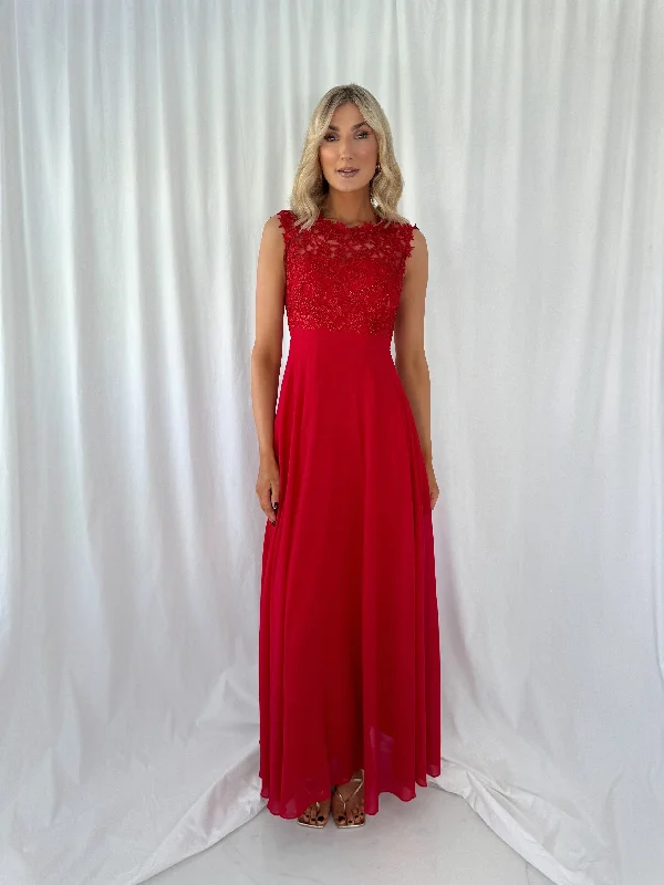 Savina Maxi Dress with Embroidered Top - Red