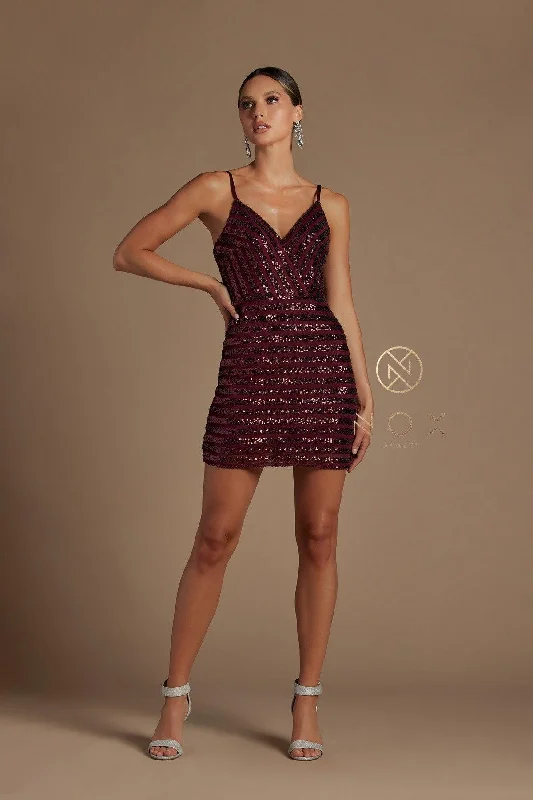 Sheer cocktail dresses with a lining and a short hemShort Spaghetti Strap Formal Sequins Dress Sale