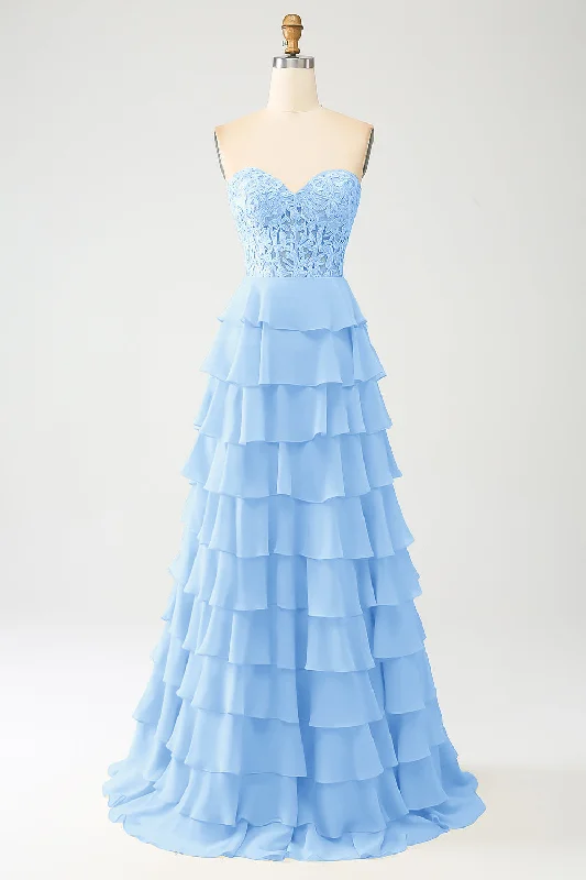 Cocktail dresses with a pom - pom trim and a short - sleeved styleSky Blue A-Line Sweetheart Tiered Corset Long Prom Dress Cocktail dresses with a pom - pom trim and a short - sleeved styleSky Blue A-Line Sweetheart Tiered Corset Long Prom Dress