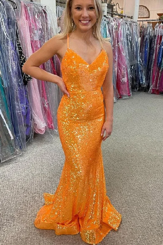 Sparkle Sequin Mermaid Orange Long Prom Dress PSK283