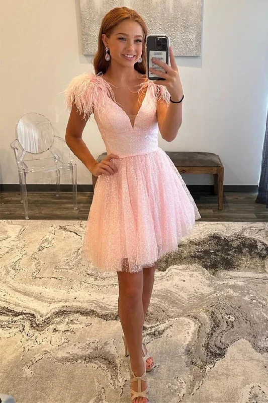 Sparkly A-Line V Neck Pink Homecoming Dress with Feathers PD520