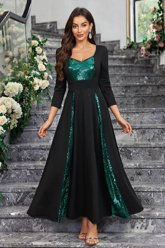 Long - cocktail dresses with a slit and a fitted bodiceSparkly Black Green Sequined A Line Prom Dress With Long Sleeves Long - cocktail dresses with a slit and a fitted bodiceSparkly Black Green Sequined A Line Prom Dress With Long Sleeves