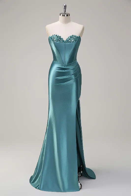 One - shoulder cocktail dresses in emerald green for a bold statementSparkly Grey Green Mermaid Sequin Strapless Corset Satin Prom Dress with Slit One - shoulder cocktail dresses in emerald green for a bold statementSparkly Grey Green Mermaid Sequin Strapless Corset Satin Prom Dress with Slit