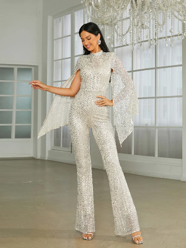 Cocktail dresses with a tiered skirt and a bow at the waistStand Collar Cape Sleeve Sequin Jumpsuits RH30599 Cocktail dresses with a tiered skirt and a bow at the waistStand Collar Cape Sleeve Sequin Jumpsuits RH30599