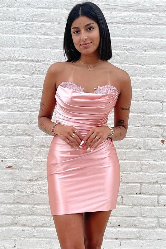 Strapless Satin Sweetheart Short Mini Pink Homecoming Dress PD521