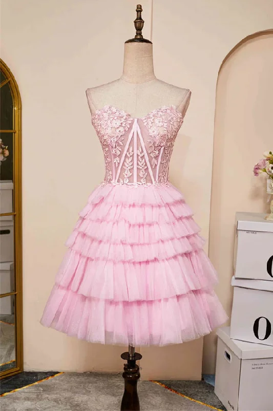 Sweetheart Neck Layered Strapless Pink Homecoming Dress PD514