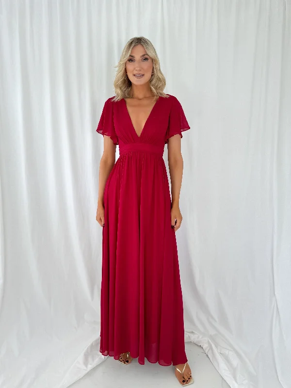 Tacha Short Sleeves Maxi Dress - Red