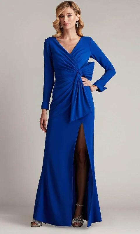 Wedding guest dresses with cold - shoulder ruffled sleeves and knee - length hemsTadashi Shoji BOS24469L - Draped V-Neck Evening Gown Wedding guest dresses with cold - shoulder ruffled sleeves and knee - length hemsTadashi Shoji BOS24469L - Draped V-Neck Evening Gown