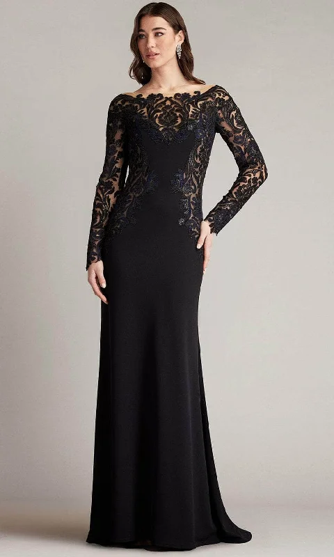 Velvet - trimmed wedding guest dresses in burgundy for a formal eventTadashi Shoji CGB24646L - Long Sleeve Embroidered Gown