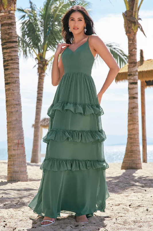 Eucalyptus A-Line Chiffon Tiered Long Bridesmaid Dress