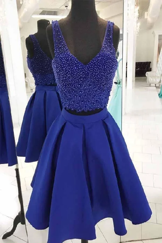 V Neck Beaded Royal Blue Two Piece Short Prom Dress Homecoming Dresses  PD162