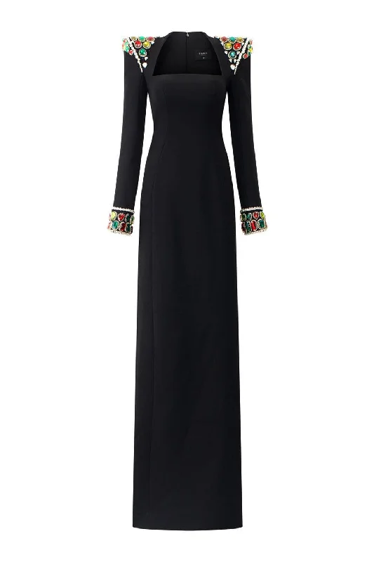 Venture Sheath Queen Anne Neck Velvet Floor Length Dress