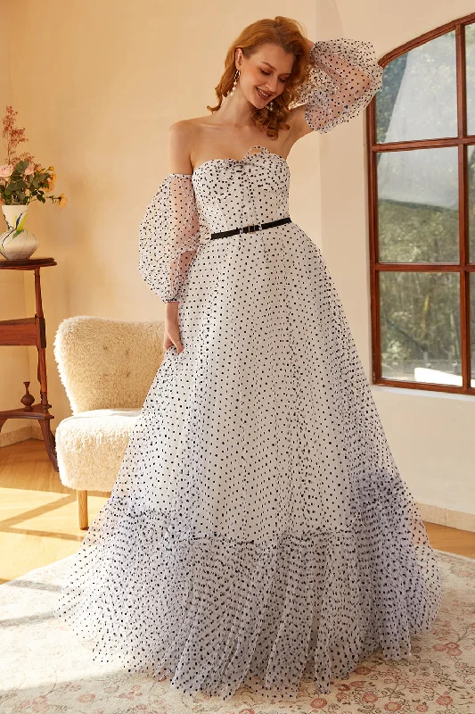 Cocktail dresses with a one - piece design and a statement bowWhite Polka Dots Long Prom Dress with Sleeves Cocktail dresses with a one - piece design and a statement bowWhite Polka Dots Long Prom Dress with Sleeves