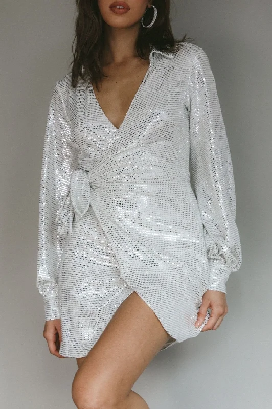 White Sequin V-Neck Wrapped Mini Dress