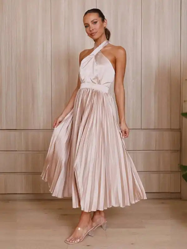 Women’s halter neck pleated elegant dress