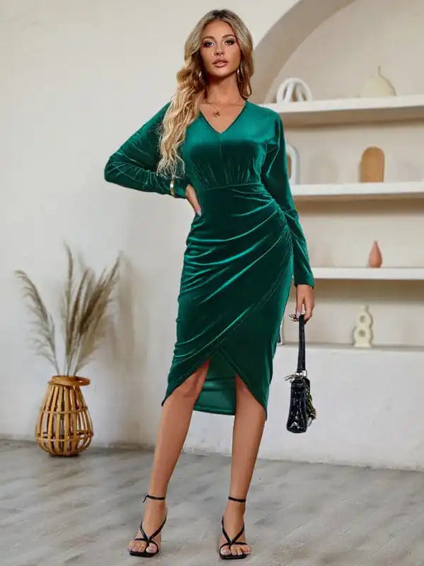 Womens Long Sleeve Velvet Dress Wrap Ruched V Neck Bodycon Slim Cocktail Party Club Dresses