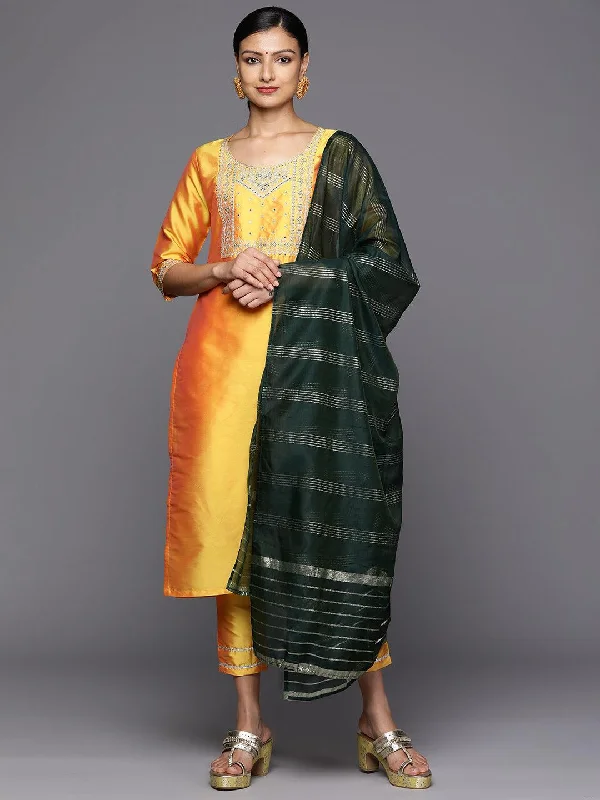 Yellow Printed Silk Blend Straight Kurta With Trousers & Dupatta