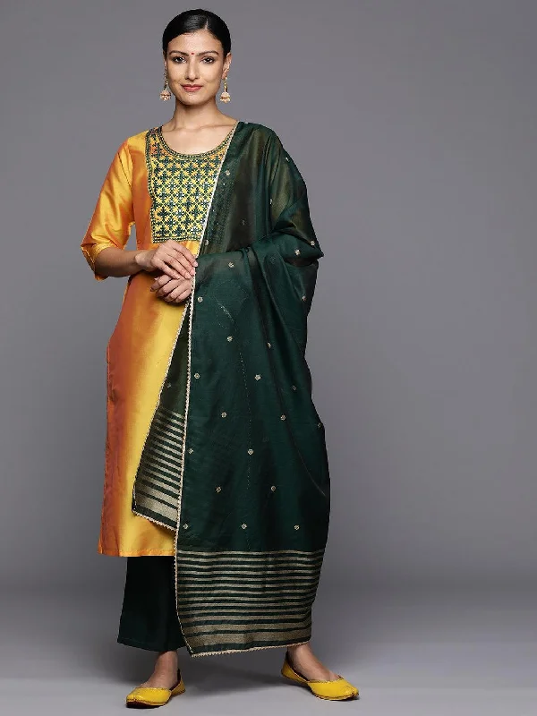 Yellow Printed Silk Blend Straight Kurta With Trousers & Dupatta