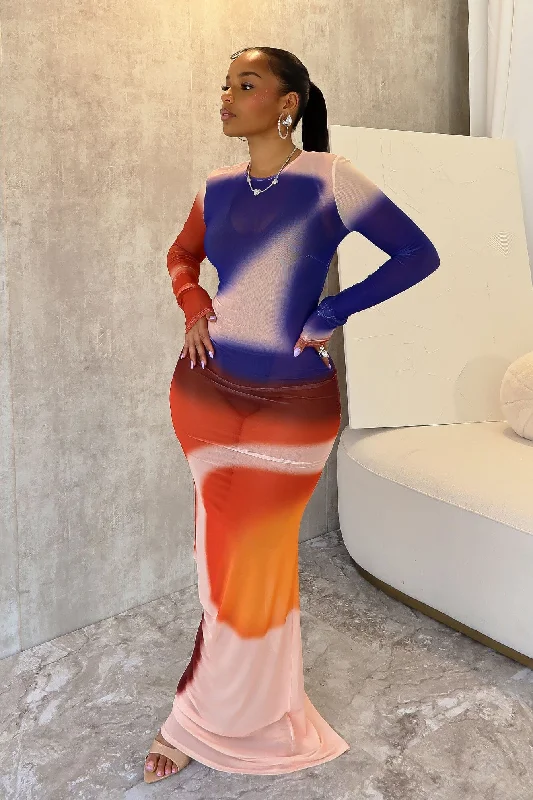 Cocktail dresses with a floral print and a peplum waistZen Print Mesh Long Sleeve Maxi Dress