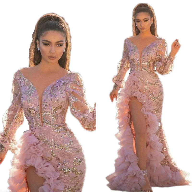 2022 Hot Sale Deep V Neck Women Sequins Pink Long Mesh Prom Evening Dresses Party Wedding Dress