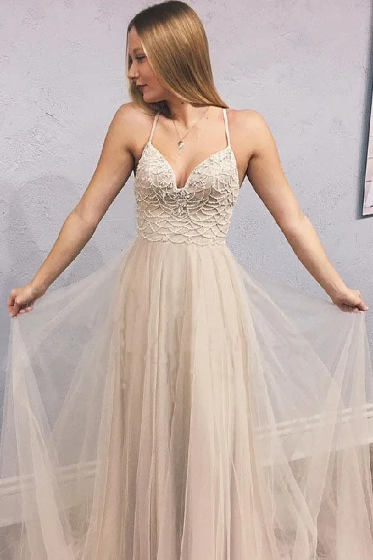 Strapless party dresses with a beaded bodice for added eleganceA-line Empire Straps Beading Criss Cross Back Tulle Long Prom Dress PG825 Strapless party dresses with a beaded bodice for added eleganceA-line Empire Straps Beading Criss Cross Back Tulle Long Prom Dress PG825
