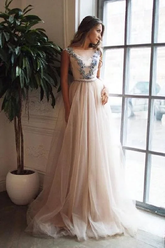 Tulle party dresses with a fairy - tale charm for formal occasionsA-Line Illusion Neck Pink Sweep Train Backless Prom Dress with Appliques PG790 Tulle party dresses with a fairy - tale charm for formal occasionsA-Line Illusion Neck Pink Sweep Train Backless Prom Dress with Appliques PG790