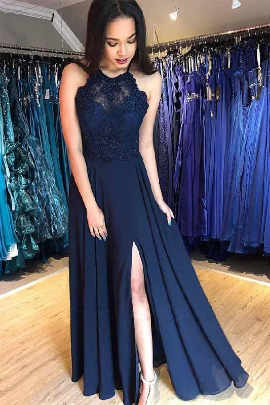 Long - length party dresses with a high - low hem for a trendy style​A-line Navy Blue Chiffon Split Long Prom Dress with Beading PG826