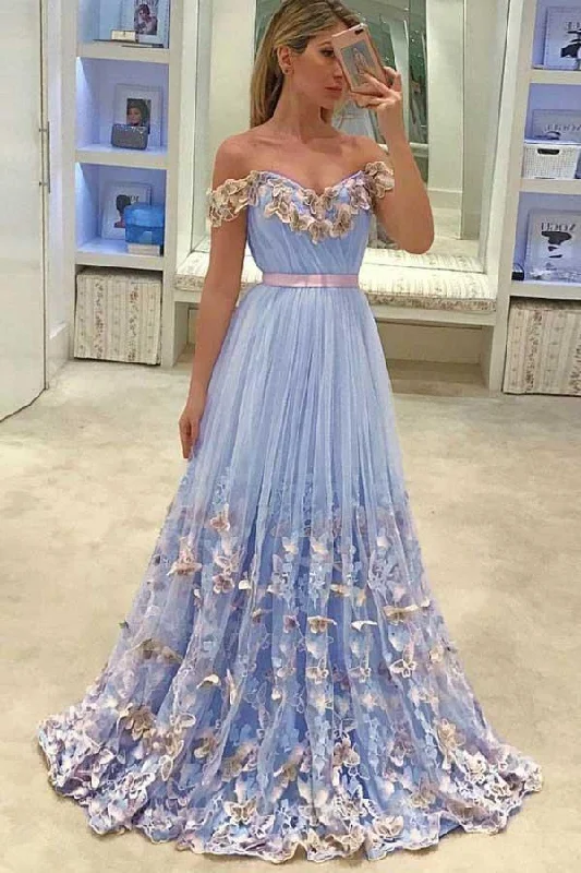 Party dresses with a cut - out design for a daring and edgy styleA-Line Off-the-Shoulder Light Sky Blue Tulle Prom Dress with Appliques PG816 Party dresses with a cut - out design for a daring and edgy styleA-Line Off-the-Shoulder Light Sky Blue Tulle Prom Dress with Appliques PG816