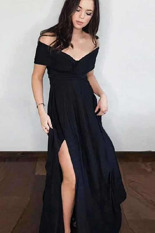 Cocktail party dresses in a classic little black dress styleA Line Off the Shoulder Side Split Black Satin Black Long Prom Dresses PG794 Cocktail party dresses in a classic little black dress styleA Line Off the Shoulder Side Split Black Satin Black Long Prom Dresses PG794