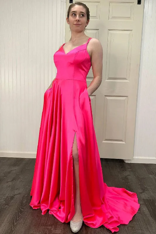 Prom party dresses with a glamorous and elegant aestheticA-Line Sleeveless Hot Pink Prom Dress with Slit Prom party dresses with a glamorous and elegant aestheticA-Line Sleeveless Hot Pink Prom Dress with Slit