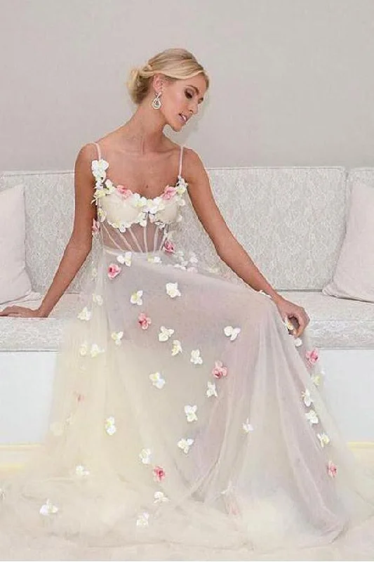 Party dresses with a paisley pattern for a bohemian - inspired lookA-Line Spaghetti Straps Sweep Train Ivory Tulle Prom Dress with Flowers PG804 Party dresses with a paisley pattern for a bohemian - inspired lookA-Line Spaghetti Straps Sweep Train Ivory Tulle Prom Dress with Flowers PG804