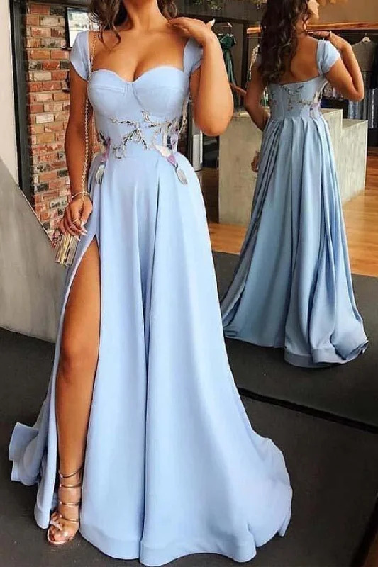 Evening party dresses with a long train for a dramatic entrance​Sweetheart Neck Cap Sleeve Light Blue Floor Length Prom Dress with Split PG789