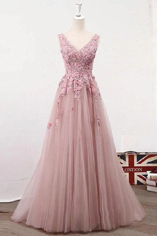 Party dresses with a paisley pattern for a bohemian - inspired lookA-Line V-Neck Pink Tulle Prom/Evening Dress with Appliques Beading PG817 Party dresses with a paisley pattern for a bohemian - inspired lookA-Line V-Neck Pink Tulle Prom/Evening Dress with Appliques Beading PG817