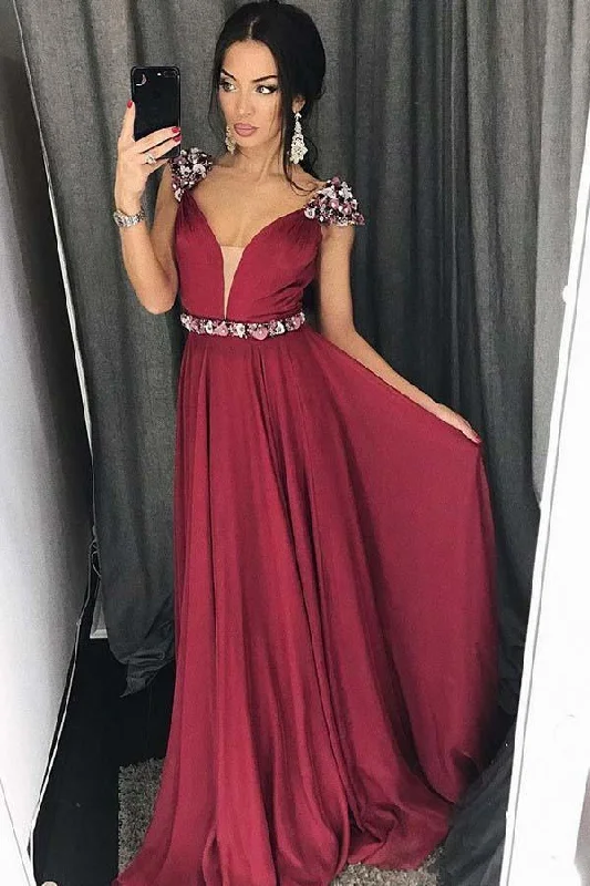 Velvet party dresses in rich jewel tones for a sophisticated appearanceA-Line V-Neck Sweep Train Burgundy Chiffon Appliques Prom Dress PG793 Velvet party dresses in rich jewel tones for a sophisticated appearanceA-Line V-Neck Sweep Train Burgundy Chiffon Appliques Prom Dress PG793