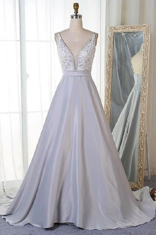Party dresses with a metallic finish for a shiny and eye - catching effectA-Line V-Neck Sweep Train Grey Satin Prom Dress with Appliques PG806 Party dresses with a metallic finish for a shiny and eye - catching effectA-Line V-Neck Sweep Train Grey Satin Prom Dress with Appliques PG806
