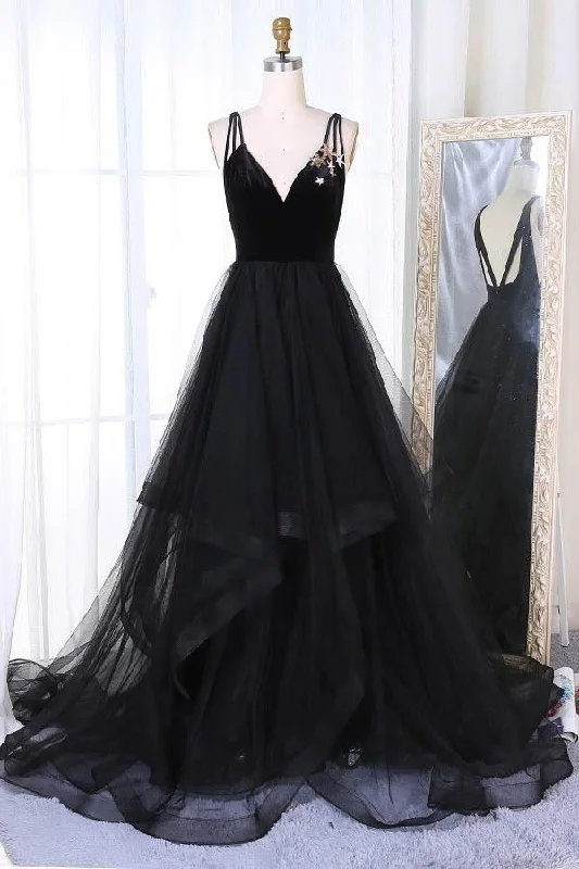 Party dresses with a sheer panel for a hint of allureA-Line V-Neck Sweep Train Pleated Tiered Black Tulle Prom Dress PG805 Party dresses with a sheer panel for a hint of allureA-Line V-Neck Sweep Train Pleated Tiered Black Tulle Prom Dress PG805