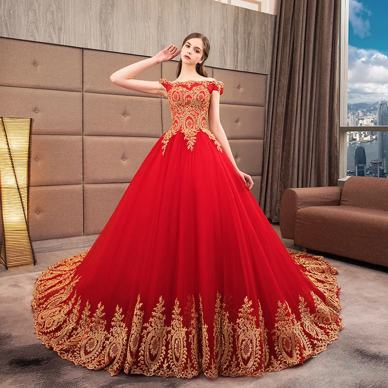 Appliqued Gold Lace Off Shoulder Ball gown wedding Evening pattern Red Muslim Asian European American Traditional dress